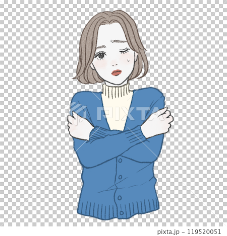 寒そうに肩をすくめている青いカーディガンの女性 寒そうに肩をすくめている青いカーディガンの女性 119520051
