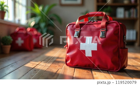 A red first aid kit with a white cross is on a wooden floor 119520079