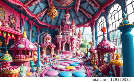 A room that is filled with lots of candy and a magnificent castle A room that is filled with lots of candy and a magnificent castle 119520080