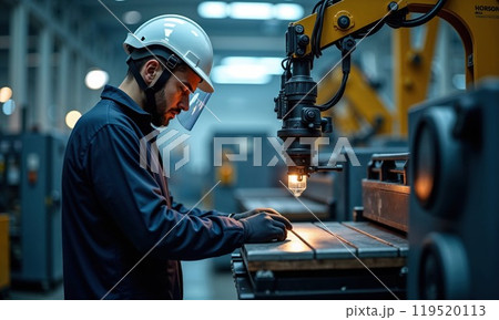 A worker is diligently engaged in operating a machine within a factory setting 119520113