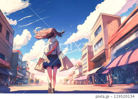 紙袋を持って歩く女の子の後ろ姿のイラスト素材のイラスト素材