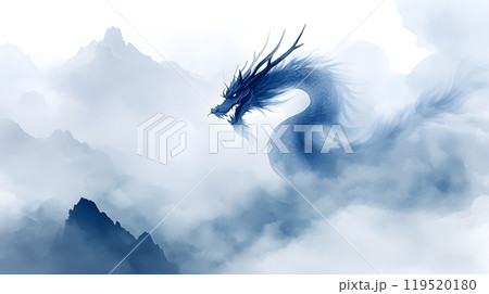 Illustration of Chinese brush painting of a dragon. Black ink lines drawn by master artist. It is a line that has weight, heaviness and lightness in art. Suitable for applying and decorating anywhere. 119520180