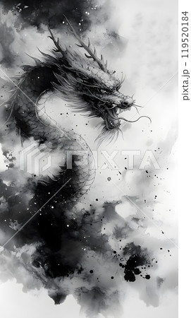 Illustration of Chinese brush painting of a dragon. Black ink lines drawn by master artist. It is a line that has weight, heaviness and lightness in art. Suitable for applying and decorating anywhere. 119520184