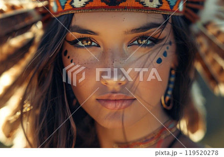 Native american woman portrait in headdress with feather. Ethnic indian costume. Young traditional adorable girl 119520278