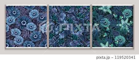 Set of blue camouflage seamless patterns with lush foliage, leaves, butterfly. Wild nature. For apparel, fabric, textile, sport goods design. Set of blue camouflage seamless patterns with lush foliage, leaves, butterfly. Wild nature. For apparel, fabric, textile, sport goods design. 119520341