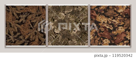 Seamless brown camouflage patterns with fir twigs with dry needles, forest foliage, nature. Forest nature objects. For apparel, fabric, textile, sport goods. 119520342