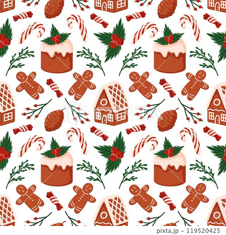 Seamless pattern with gingerbread house, man, cake, candy cane, pine cones and holly. Perfect for Christmas design, holiday wrapping paper and festive decor. Flat style. 119520425