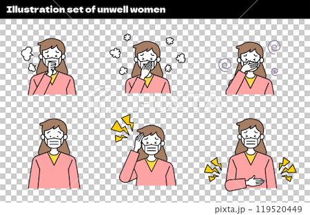 Illustration of a woman who is unwell (cold, flu, hay fever, nausea, headache, stomachache, allergy, asthma) 119520449