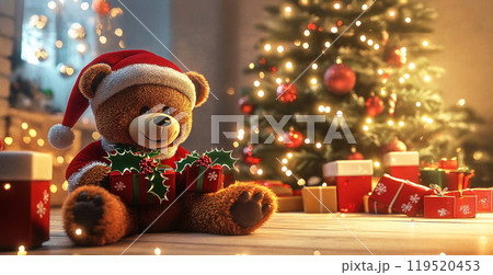 Teddy Bear in Christmas with decorations and Gift Box in Blurred Background 119520453