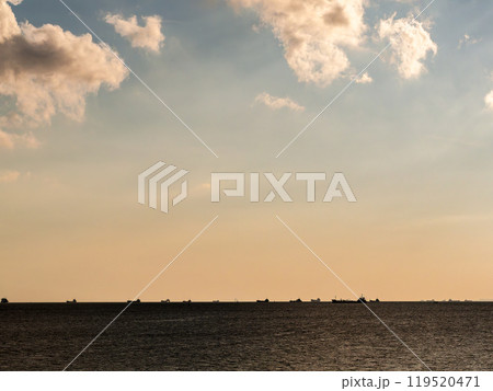 夕方の東京湾の景色　沖の貨物船と雲と海 119520471