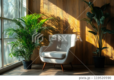 Bright and cozy living room corner with a modern chair and lush plants basking in warm afternoon Bright and cozy living room corner with a modern chair and lush plants basking in warm afternoon 119520590