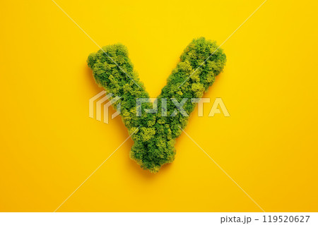 Green moss letter V against a bright yellow background designed for an eco-friendly concept or 119520627