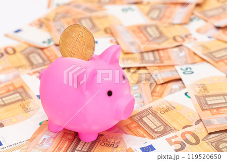 Pink Piggy Bank with Bitcoin Coin on the Fifty Euro Banknotes 119520650