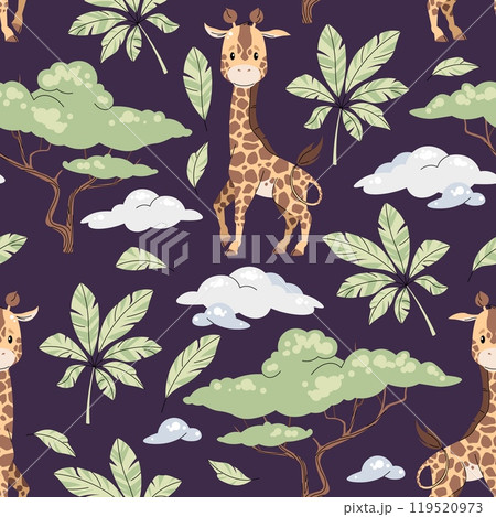 Seamless pattern with cute giraffes in flat style. Repeating background with African animals, palm leaves and acacia. Childish illustration for fabric, wallpaper, wrapping paper, scrapbooking etc 119520973