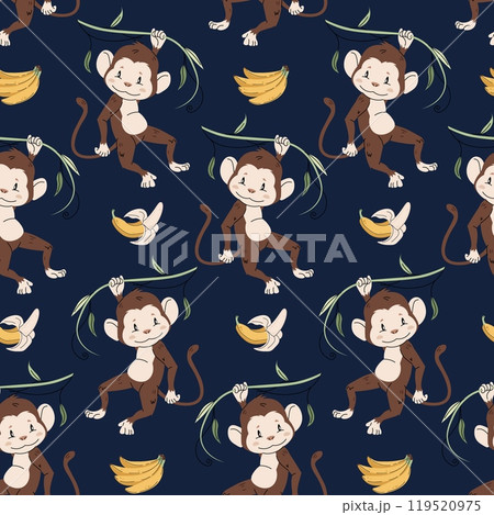 Seamless pattern with cute monkeys in flat style. Repeating background with African animals, vines and bananas. Childish illustration for fabric, wallpaper, wrapping paper, scrapbooking etc. Seamless pattern with cute monkeys in flat style. Repeating background with African animals, vines and bananas. Childish illustration for fabric, wallpaper, wrapping paper, scrapbooking etc. 119520975