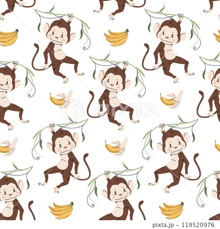 Seamless pattern with cute monkeys in flat style. Repeating background with African animals, vines and bananas. Childish illustration for fabric, wallpaper, wrapping paper, scrapbooking etc. 119520976