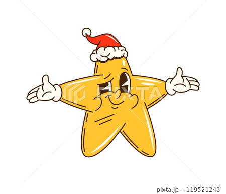 Cartoon groovy Christmas star character radiating holiday joy and energy. Isolated vector retro Xmas twinkle personage in Santa Claus hat exudes infectious enthusiasm, spreading cheer and joyous vibes 119521243