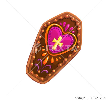 Mexican Day of Dead holiday coffin cookie or cake. Mexico culture traditional vector scary biscuit, Mexican Day Dead pastry or Dia de Los Muertos spooky coffin glazed cookie with heart and cross Mexican Day of Dead holiday coffin cookie or cake. Mexico culture traditional vector scary biscuit, Mexican Day Dead pastry or Dia de Los Muertos spooky coffin glazed cookie with heart and cross 119521263