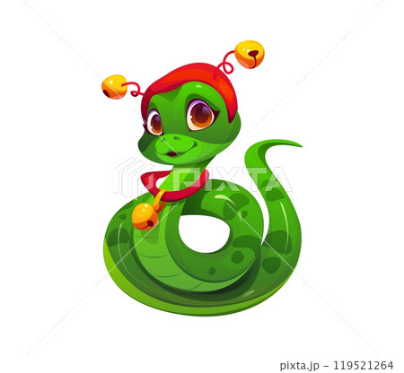 Cute green cartoon snake with large brown eyes, wearing a red hat and adorned with golden bells. Isolated vector character representing the 2025 Chinese Lunar Year, radiating festive joy and tradition 119521264