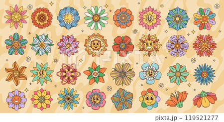 Cartoon retro groovy flowers with cute smiles and psychedelic patterns. Vector flowers characters and hippie floral emojis of summer daisy, zinnia and chamomile blossoms with funky geometric ornaments 119521277