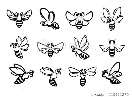 Bee, bumblebee or wasp hornet insect icons, vector symbols of honeybee in line art. Flying bees or bumblebee and insect bugs with wings and stings in cartoon doodle line for honeybee characters Bee, bumblebee or wasp hornet insect icons, vector symbols of honeybee in line art. Flying bees or bumblebee and insect bugs with wings and stings in cartoon doodle line for honeybee characters 119521279