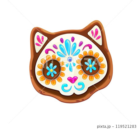 Mexican Day of Dead biscuit cat skull cookie. Mexican Day of the Dead carnival scary pastry, spooky frosted dessert. Mexico Dia de Los Muertos dessert gingerbread cat cookie with marigold icing Mexican Day of Dead biscuit cat skull cookie. Mexican Day of the Dead carnival scary pastry, spooky frosted dessert. Mexico Dia de Los Muertos dessert gingerbread cat cookie with marigold icing 119521283