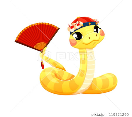 Cute cartoon yellow snake in traditional Chinese hat adorned with flowers and holding a red fan in its tail, smiling warmly. 2025 Chinese lunar year character, zodiac reptile animal holiday symbol 119521290