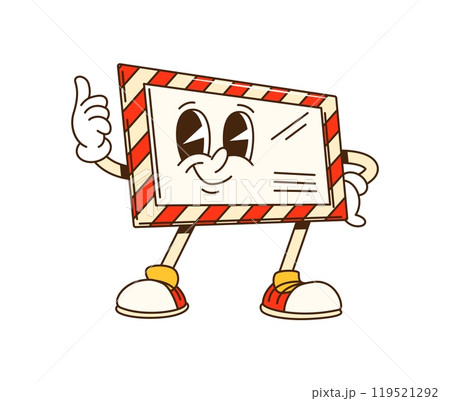 Cartoon groovy Christmas greetings letter character. Isolated vector festive and playful envelope retro personage with red and white striped frame, sneakers, and smiling face, pointing with finger Cartoon groovy Christmas greetings letter character. Isolated vector festive and playful envelope retro personage with red and white striped frame, sneakers, and smiling face, pointing with finger 119521292