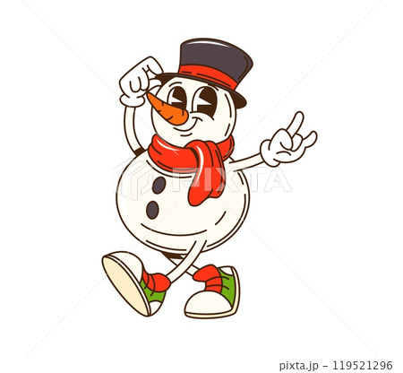Cartoon groovy Christmas snowman character with a top hat, vintage sneakers and red warm scarf. Isolated vector retro snow man personage smiling, embodying joyful spirit of the winter holiday season 119521296