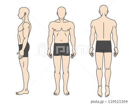 前後横からみた顔無し8頭身男性の全身のカラーイラストセット 119521304