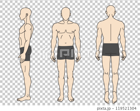 前後横からみた顔無し8頭身男性の全身のカラーイラストセット 119521304