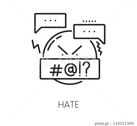 Blogging line icon, social media and multimedia content. Vector linear sign of hate with angry face and speech bubbles symbolizing negative emotions and online aggression in social media networks Blogging line icon, social media and multimedia content. Vector linear sign of hate with angry face and speech bubbles symbolizing negative emotions and online aggression in social media networks 119521309