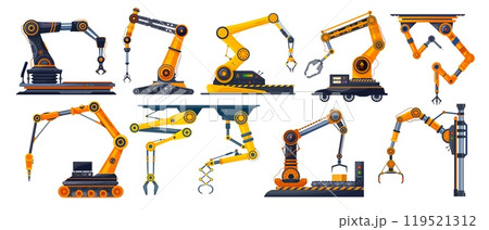 Factory mechanic robot arms, hydraulic machine hands, vector automation tools of production and manufacturing industry. Factory machinery, manipulator robot arms with grippers and welding torches Factory mechanic robot arms, hydraulic machine hands, vector automation tools of production and manufacturing industry. Factory machinery, manipulator robot arms with grippers and welding torches 119521312
