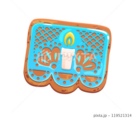 Mexico Day of Dead biscuit papel picado cookie. Mexico Day of the Dead holiday scary pastry dessert with candle. Hispanic Dia de Los Muertos carnival or Mexican culture traditional gingerbread cookie 119521314