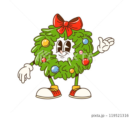 Cartoon groovy Christmas wreath character, adorned with ornaments and red bow. Isolated vector joyful xmas wreath retro personage waving with smiling face. Festive holiday decoration with hippie vibe 119521316