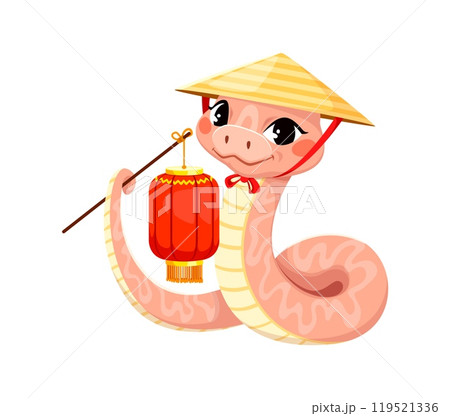 Sweet cartoon snake character in pink tones wearing traditional conical hat and holding a red lantern with its tail. Vector 2025 Chinese lunar year reptile snake animal with festive happy expression Sweet cartoon snake character in pink tones wearing traditional conical hat and holding a red lantern with its tail. Vector 2025 Chinese lunar year reptile snake animal with festive happy expression 119521336
