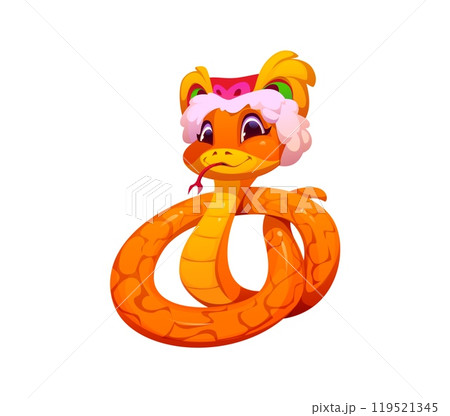 Cartoon playful snake character symbolizing 2025 Chinese lunar year. Vector snake has big happy eyes and tongue sticking out, orange scales and wearing traditional Chinese festival hat with fluffy fur 119521345