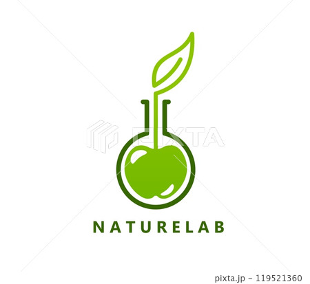 Nature lab icon of laboratory flask with green leaf and apple fruit, vector emblem. Nature lab icon for organic cosmetics, natural bio products or pharmacy laboratory for company corporate symbol 119521360