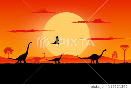 Sunset landscape, prehistoric dinosaur silhouettes on dusk evening background with tall trees. Vector sauropod dino terrain species and flying pterosaur shadows in front of large sun in orange sky 119521362