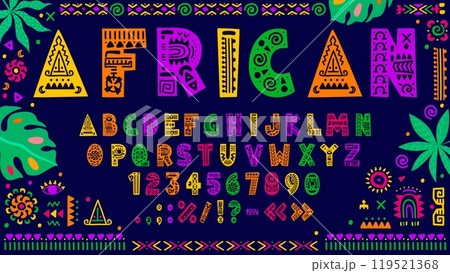 African font, ethnic typeface, tribal type, native english alphabet letters and numbers with vector color geometric pattern. African ethnic tribal alphabet font in folk ornament frame with palm leaves 119521368