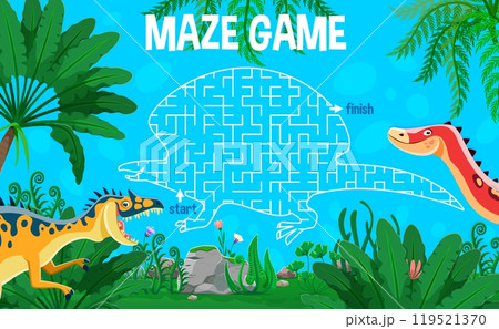 Kids labyrinth maze game with cartoon prehistoric dinosaurs. Neovenator and ouranosaurus characters at dino shaped path with start and finish, surrounded by lush vegetation. Vector playful worksheet 119521370