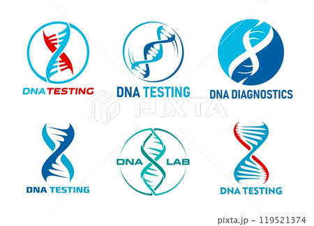 DNA helix icons, science research, gene evolution and genome technology. Medical genetics and biotechnology vector symbols with color strands of DNA molecule helix and human chromosome spiral cells 119521374