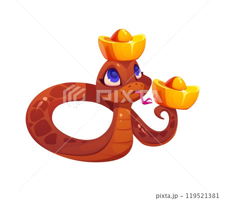 Cartoon snake zodiac character, symbolizing the chinese lunar year 2025. Cute reptile with blue eyes holds gold ingots in its tail and on its head with body is coiled in a loop and tongue sticks out 119521381