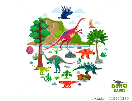 Prehistoric dinosaurs in round shape. Cartoon vector dino characters lambeosaurus, argentavis, bagaceratops or lexovisaurus, psittacosaurus or arrhinoceratops, dimorphodon and anchisaurus at landscape 119521389