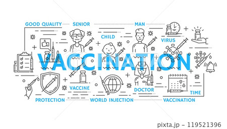 Vaccination line icons of syringe, needle, vaccine dose, doctor, covid or corona virus cells, vector medicine and health care. Vaccine vial, drugs bottle and vaccination schedule outline symbols Vaccination line icons of syringe, needle, vaccine dose, doctor, covid or corona virus cells, vector medicine and health care. Vaccine vial, drugs bottle and vaccination schedule outline symbols 119521396