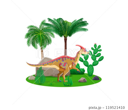 Prehistoric dinosaur character, cartoon Parasaurolophus or Jurassic lizard, vector funny dino. Cretaceous era dinosaur or prehistoric lizard on two legs in jungle forest for kids paleontology animals 119521410