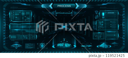 Futuristic HUD interface, game UI vector graphic elements. Hologram screens of future technology dashboard with virtual control panel, graphs and maps. Space game futuristic head up display interface Futuristic HUD interface, game UI vector graphic elements. Hologram screens of future technology dashboard with virtual control panel, graphs and maps. Space game futuristic head up display interface 119521425