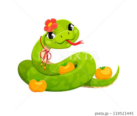 Cartoon green snake character with a sweet smile. 2025 Chinese lunar year reptile wears red ribbon and flower on its head, coiled around several small mandarin fruits with playful and cute expression Cartoon green snake character with a sweet smile. 2025 Chinese lunar year reptile wears red ribbon and flower on its head, coiled around several small mandarin fruits with playful and cute expression 119521445