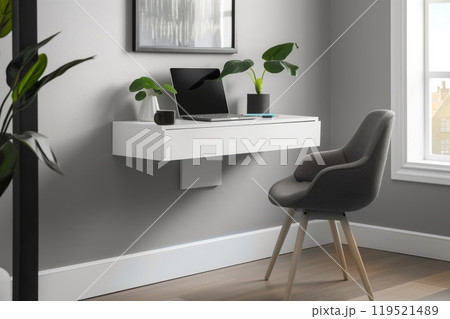 Sleek, minimalist floating desk with a laptop, notepad, and plant decor in a contemporary interior 119521489