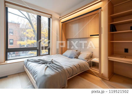 Cozy, space-saving minimalist guest room featuring a murphy bed, sleek shelving and large window with a city view 119521502